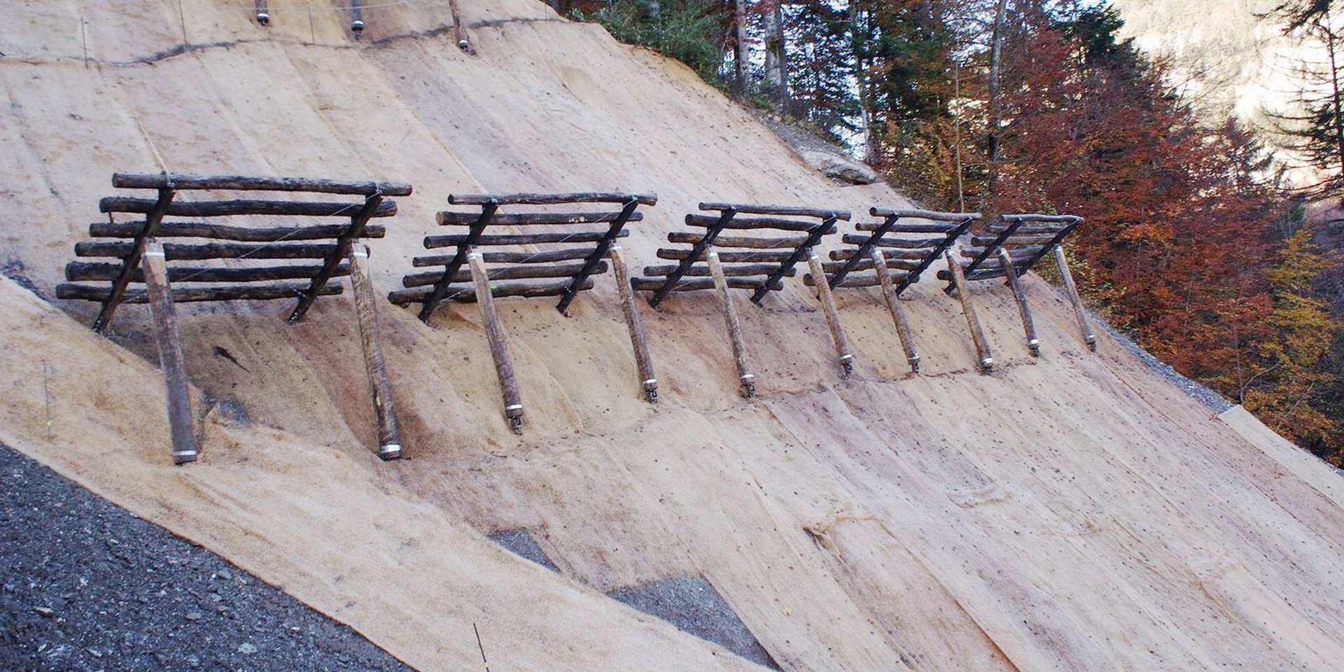 Steile Felswand mit einem Bau aus Howolis als Erosionsschutz mit Pflanzen im Hintergrund.